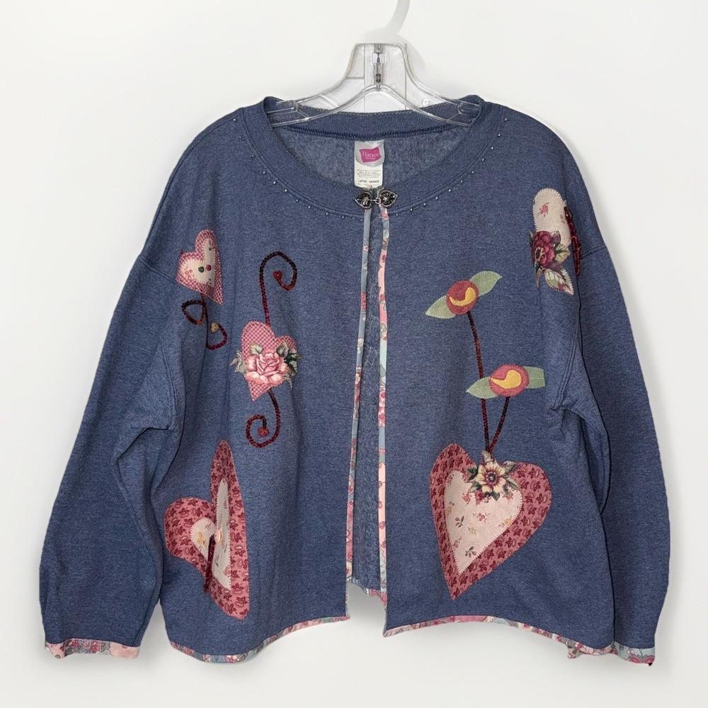Handmade Patchwork Heart Cardigan Womens Large Cottagecore Grannycore Appliqué